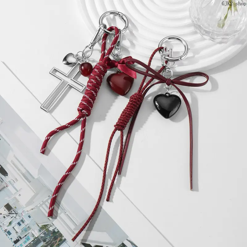 Y2K Bow Heart Cross Keychain, Woven Rope Bag Charm Pendant Aesthetic Backpack Accessories for Girls