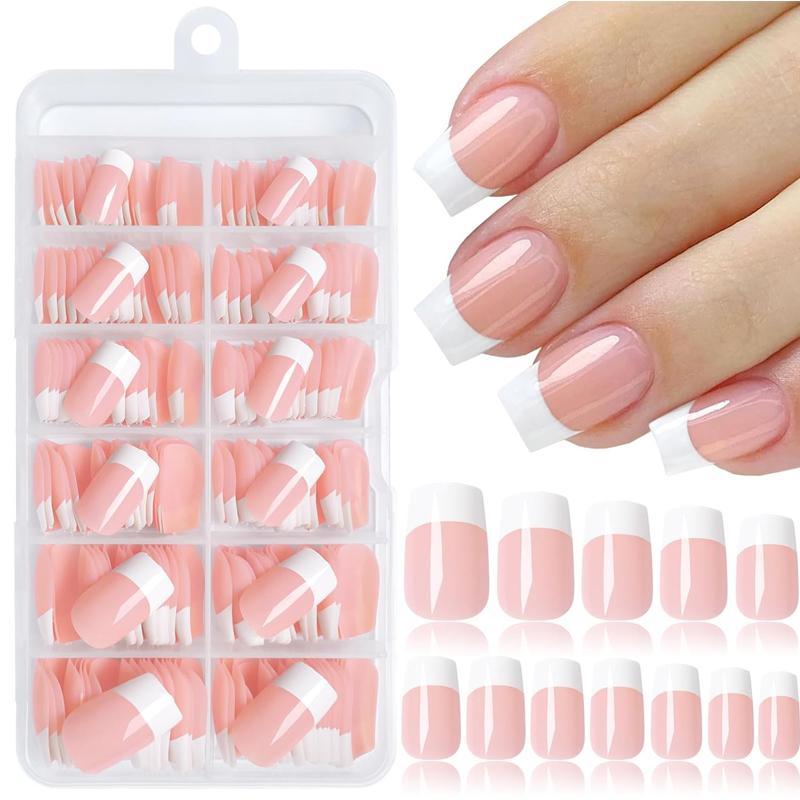 French Tip Press on Nails, 120pcs/set Short Square Fake Nails with Nail File & Jelly Glue & Stick, Reusable Press on Nails for Women & Girls DIY Nail Art, Christmas Gift