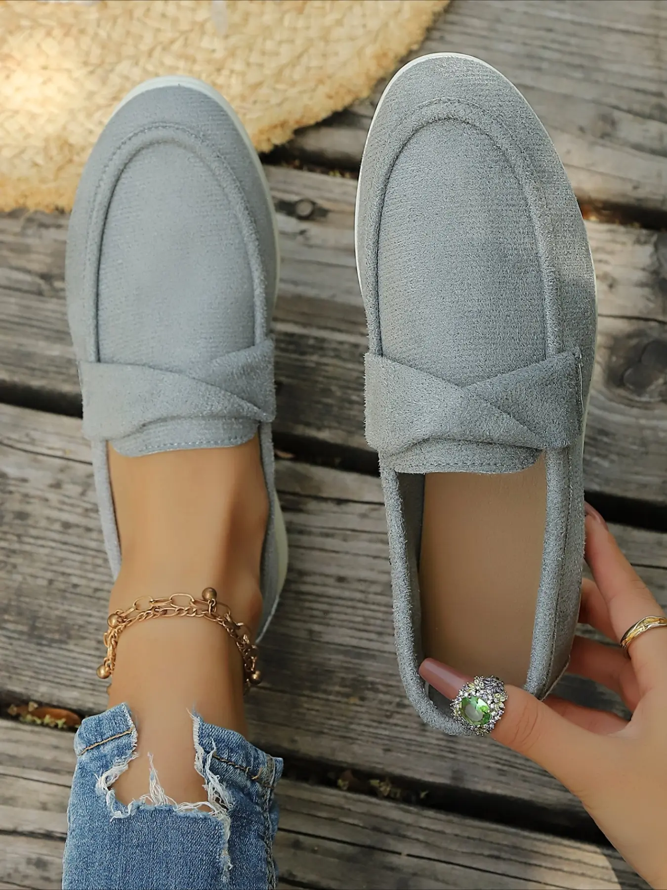 Slip-on suede loafers with classic strap design, lightweight flat casual shoes, multiple colors available for daily walking and outdoor wear.