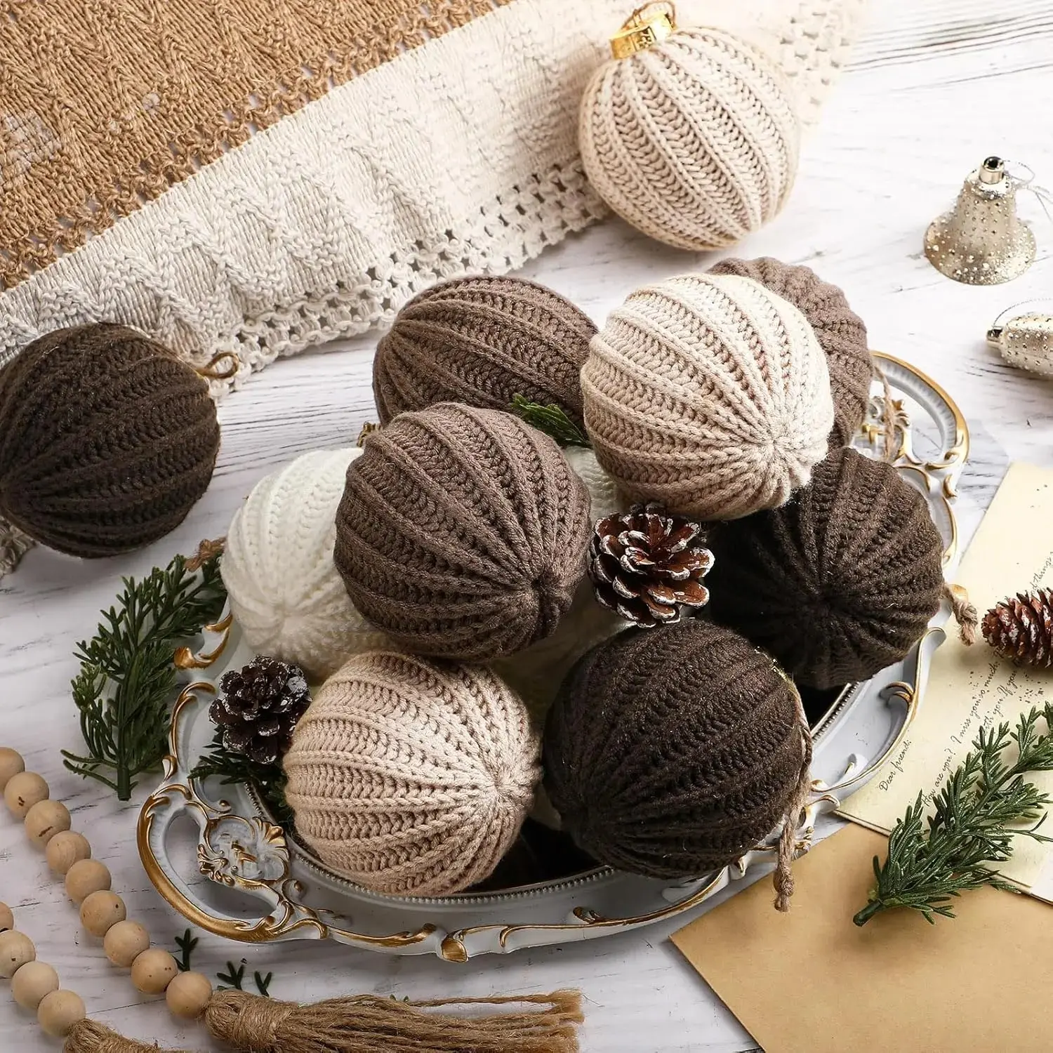 12 count Crochet Christmas Balls, Modern Christmas Ornaments Neutral Knitted Cotton Baubles for Xmas Tree Rustic Farmhouse Holiday Decor(Light Beige, Tan, Brown, White,3.15 Inch)