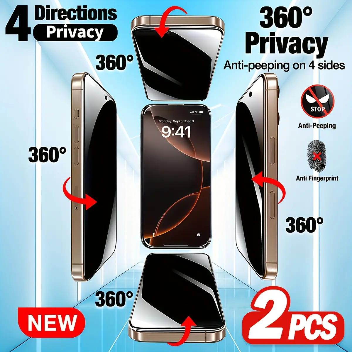 2-Pack 360-Degree Privacy Tempered Glass Film, Full Screen Anti-Spy Anti-Fingerprint Shockproof, Customized Phone Screen Protector