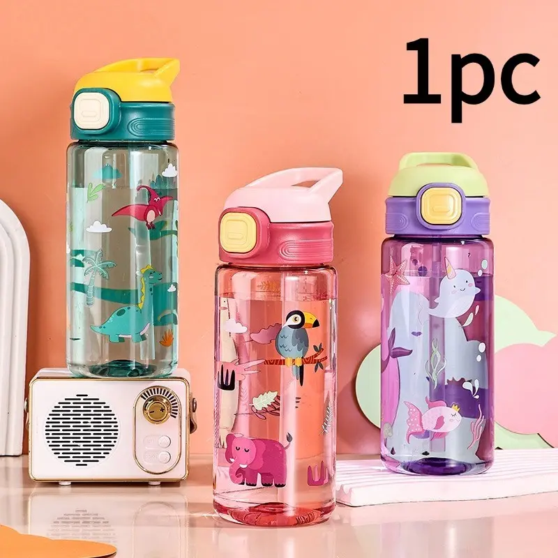 Cute Cartoon Dinosaur Ocean Straw Cup, One-Button Pop-Top Portable Plastic Water Bottle, Anti-Drop Drinking Cup for Kindergarten Students