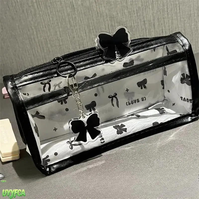 Cute Black Bow Print Clear PVC Pencil Case,Large Capacity Stationery Pouch With Acrylic Bow Charm Keychain, Waterproof Transparent Makeup Cosmetic Bag, Multi Purpose Organizer For Student School Office Travel Daily Beauty Storage,Summervibes