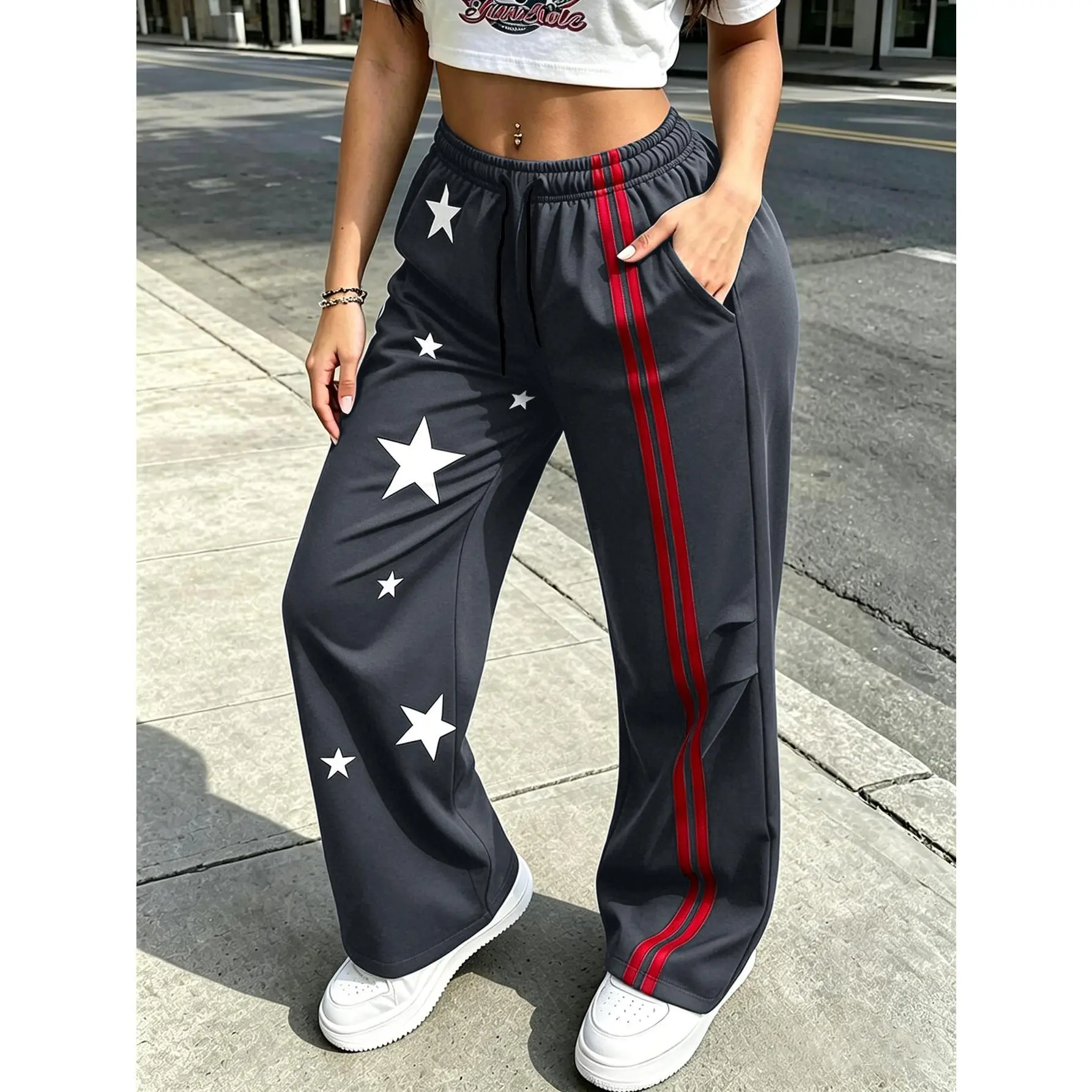 Ladies' Fashionable and Comfortable Casual Wide Leg Pants, Elastic Waistband, Unique Design with Star Printed Stripes, Daily Commuting Style, Elegant Yoga, Fitness, Outdoor Travel, Shopping