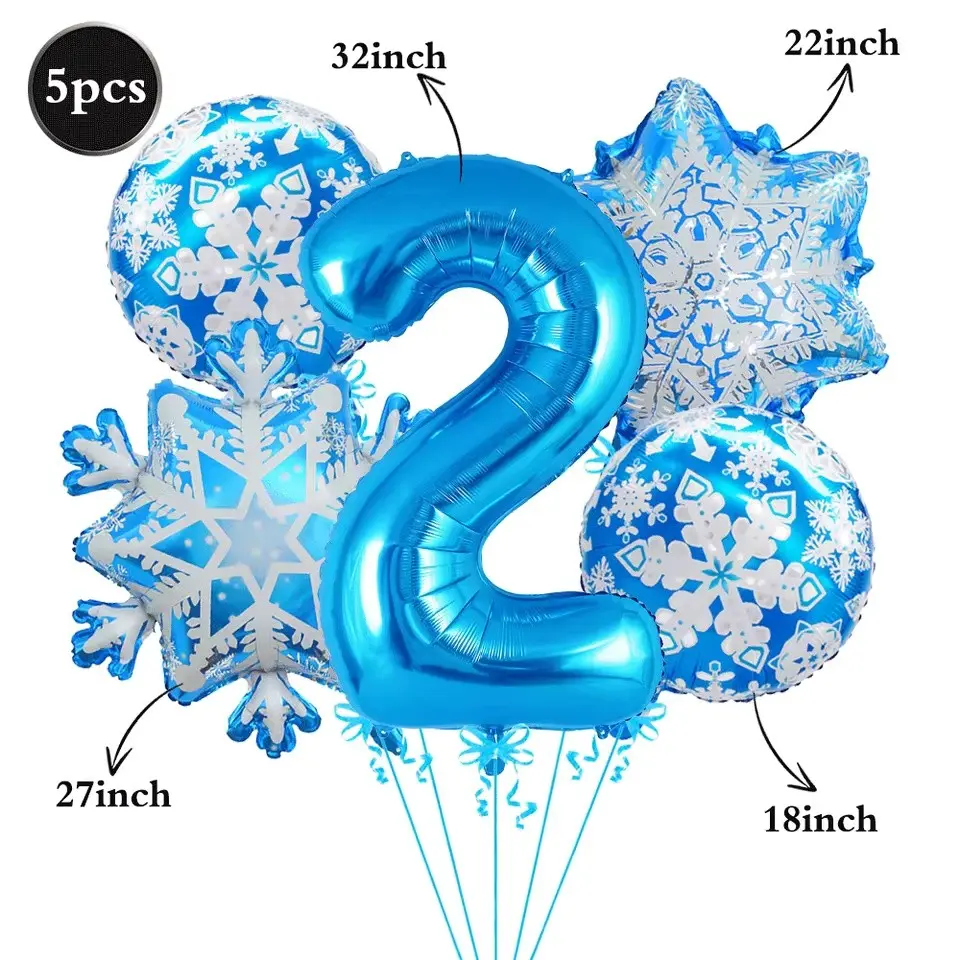 5pcs Winter Wonderland Snowflake Balloons Set, 32-Inch Blue Numbered Balloons, Birthday Christmas Party Decorations, Festive Supplies