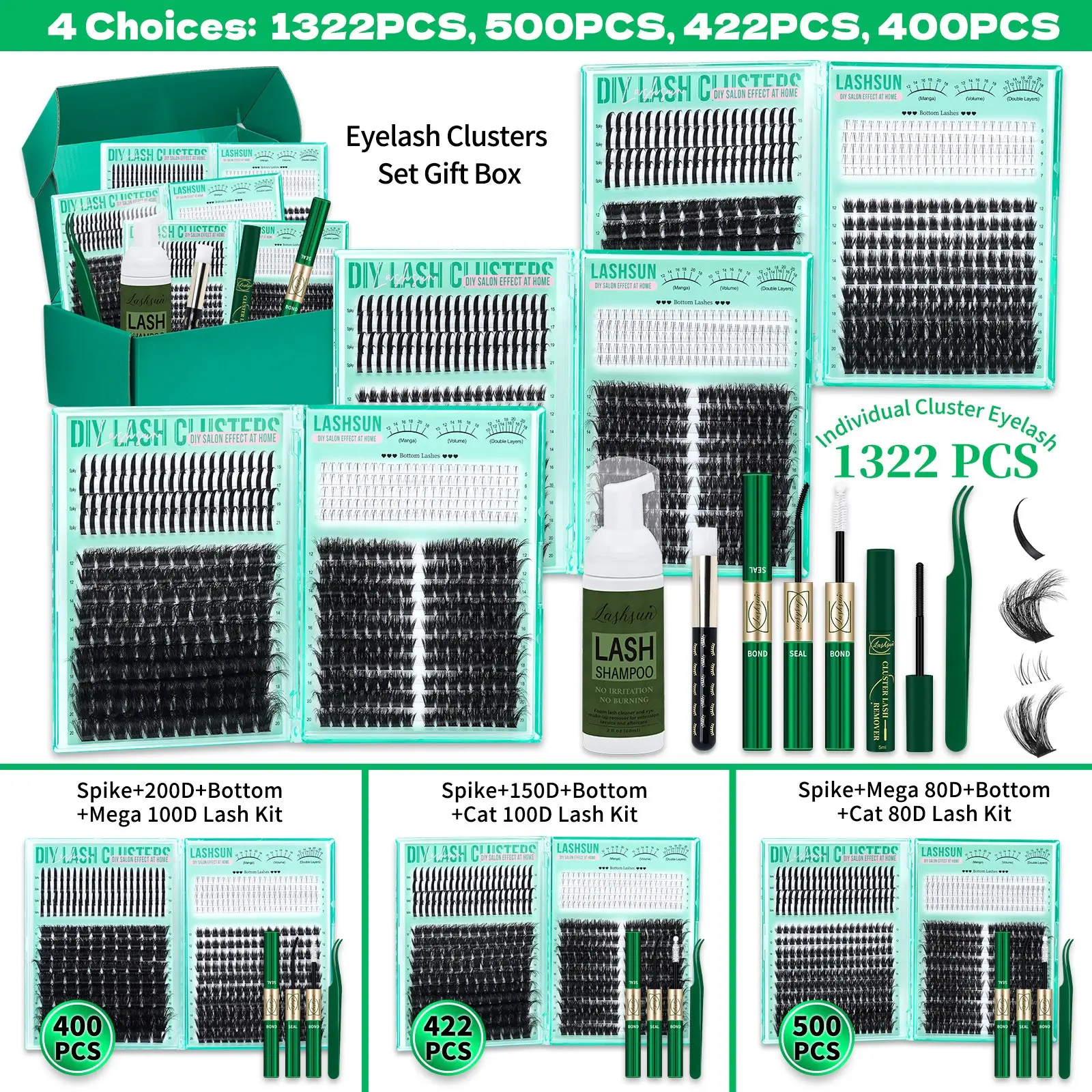 1322/500/422/400 Pcs Eyelash Cluster Kit, Lash Cluster Spikes, D Curl Mixed 5-21mm 8 Styles Bottom/Spike/Mega 3D Multi-Layered Lashes, Kit with Bond&Seal Remover Tweezers Lash Shampoo Brush, DIY at Home Easily, Easy Apply for Makeup Daily