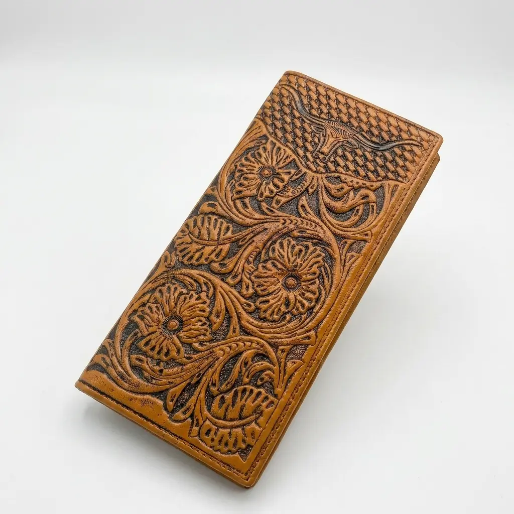 Western Long Men Wallet Tooled Longhorn Floral Embossed Top Grain Cowhide Leather Bifold Checkbook Wallet With ID Window Distressed