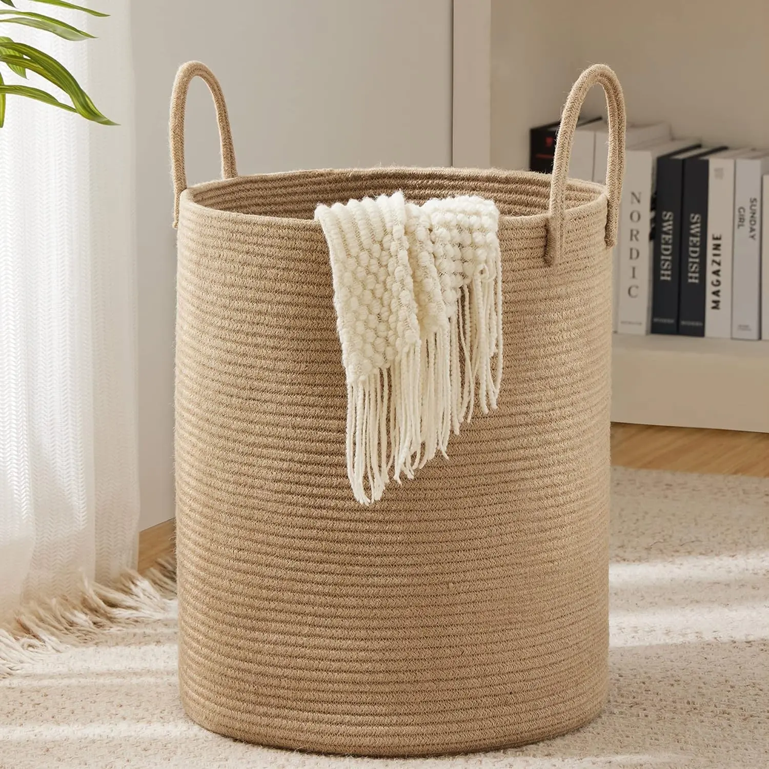Jute Rope Laundry Hamper Basket, 58L Tall Laundry Basket, Baby Nursery Hamper for Blanket Storage for Bedroom-Large-Jute