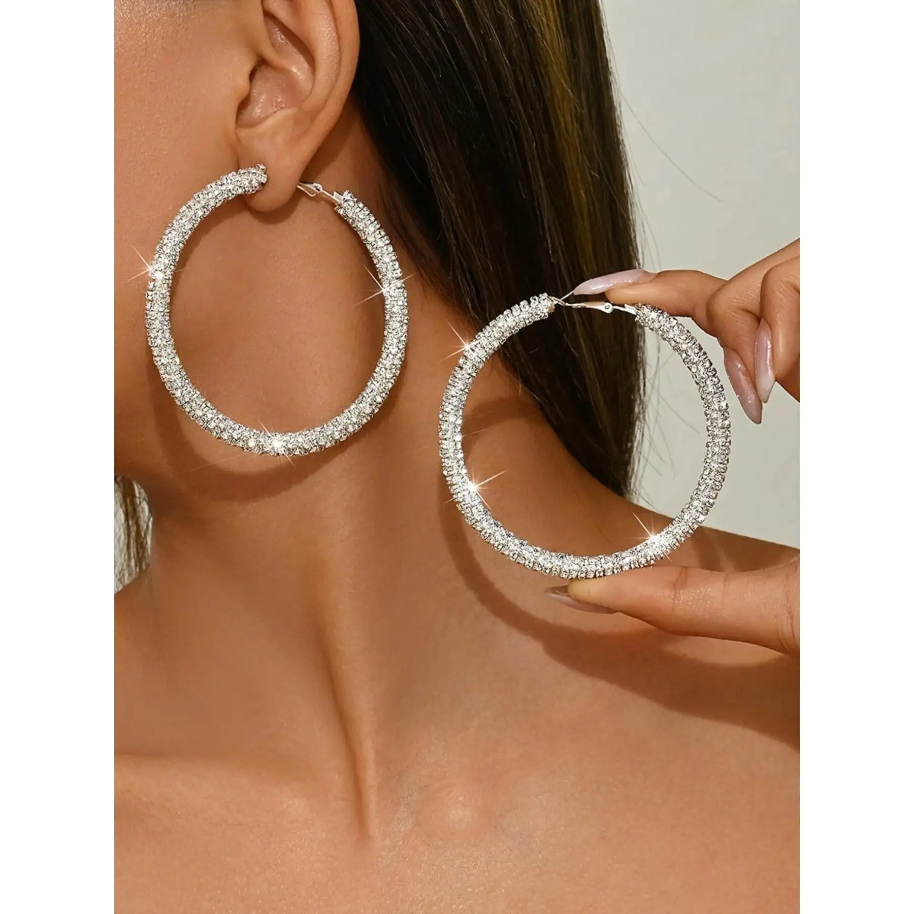 Statement Bling Rhinestone, Hoop Earrings, For Women, Exaggerated Large Circle With Full Crystal, Lightweight Comfortable Wear, Sparkling Ear Decor Wedding Jewelry, Oversized Fit, Perfect Bridesmaid Gift