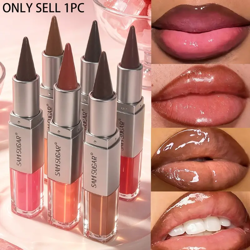 SAM SUGAR Dual-Ended 2-in-1 Lip Gloss & Matte Lip Liner, Non-Stick Lip Makeup Product for Women, Lipstick