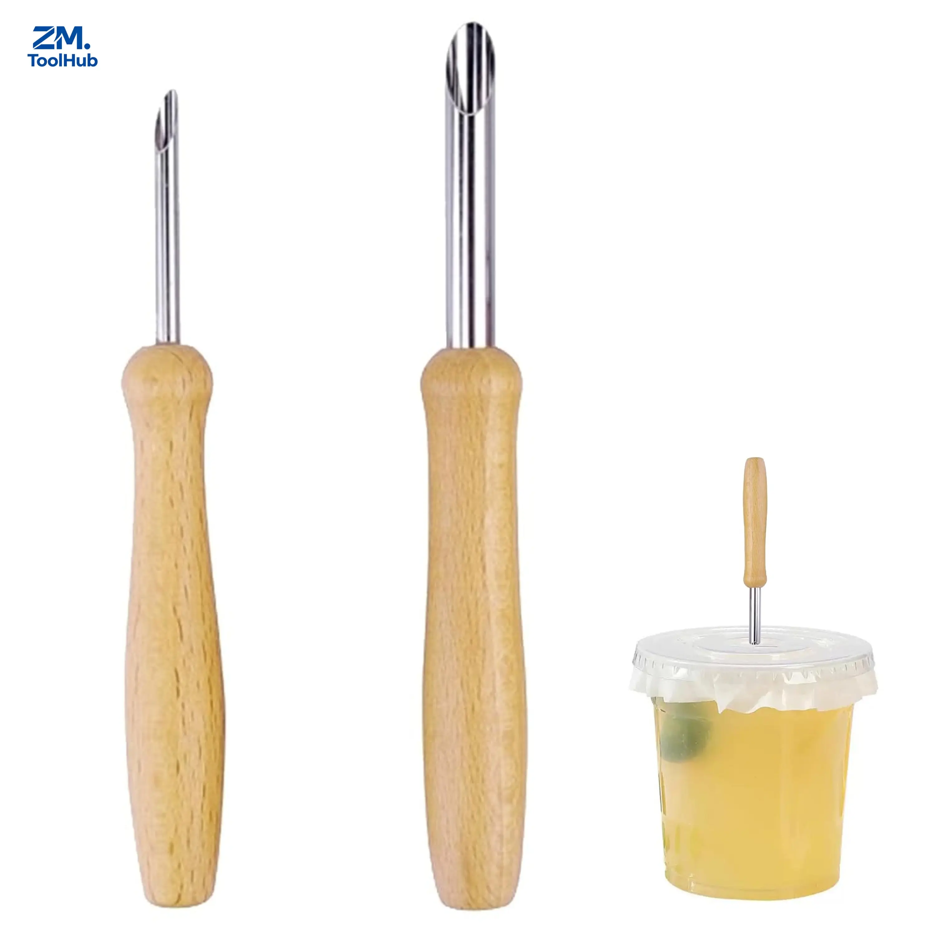2pcs Wooden Handle Round Straw Hole Punch, Straw Puncher for Plastic Lemonade Cup Lids, Multipurpose Hole Puncher for Lemon Water, Milk, Tea Straw Lids, Lemonade Stand Supplies