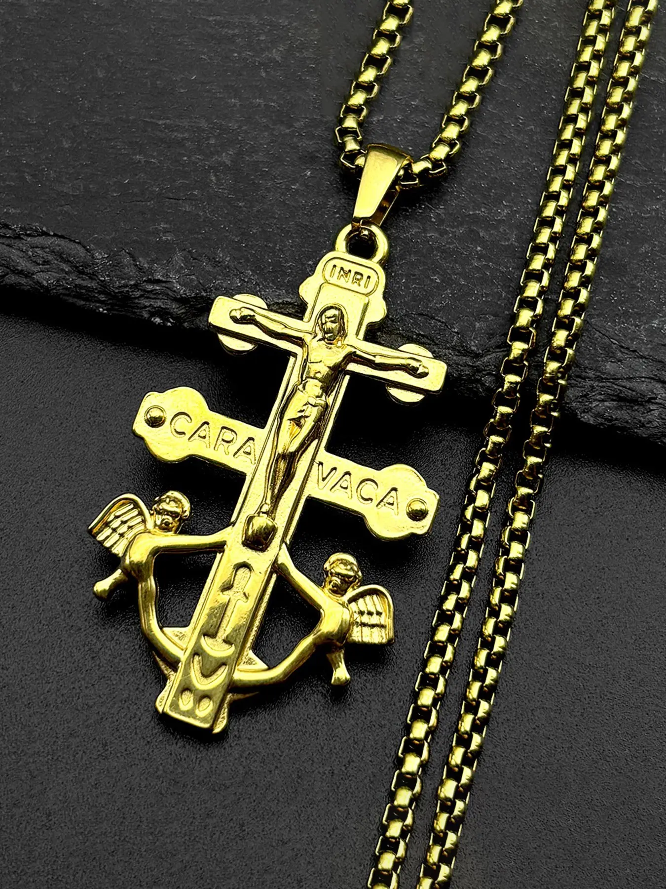 Catholic INRI Caravaca Cross Jesus Crucifix Cherub Angel Pendant Necklace for Women Men Stainless Steel Gold Color Gift