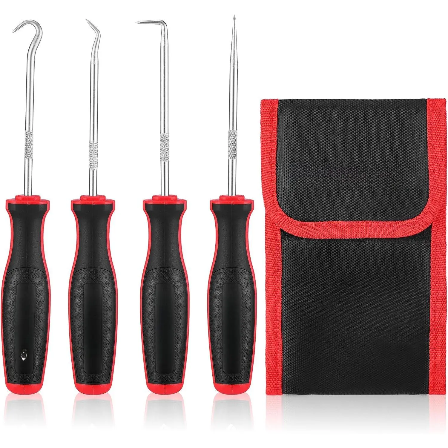 5.8" Long Chrome Plated Carbon Steel 4-Precision Hook and Pick Set with Pouch, Mini Hand Tool Kit for Mechanics, Tools for Mechanics – O-Ring, Oil Seal, Gasket Remover, Hose Puller