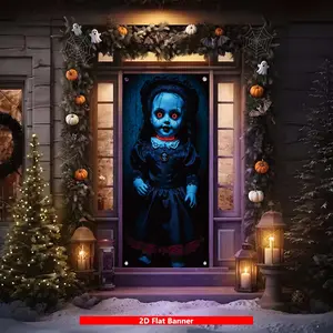 Halloween Decorations Front Door Banner, Creepy Cracked Doll with Glowing Red Eyes Pattern Porch Sign, Perfect as Haunted House Prop, Halloween Party Backdrop, Yard Decor, Spooky Photography Background, Window Display, Bar Decor to Create Thrilling Hallow