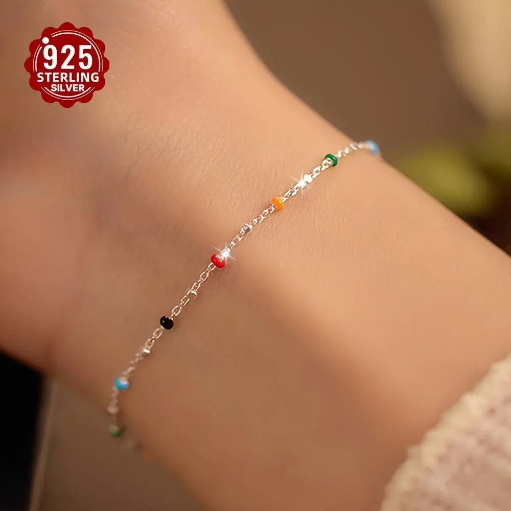 1pc 925 Silver Dopamine Colored Bean Ins Wind Summer Cute Niche Gift Thin Bracelet Gift