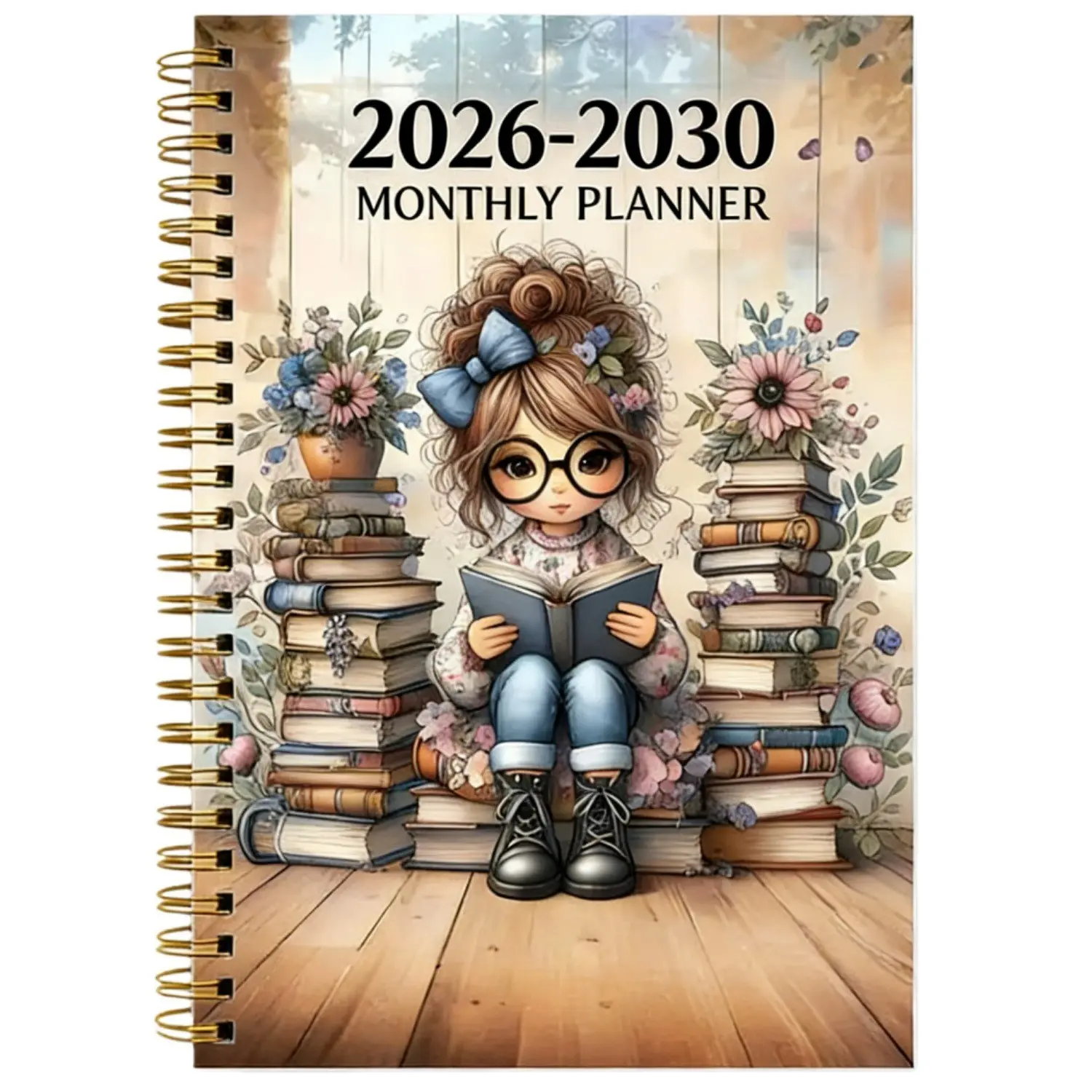 Vintage Book Lover Girl Cartoon Aesthetic Planner, 5-Year Monthly Calendar 2026-2030, 142 Pages Thick Paper, Office & Daily Use