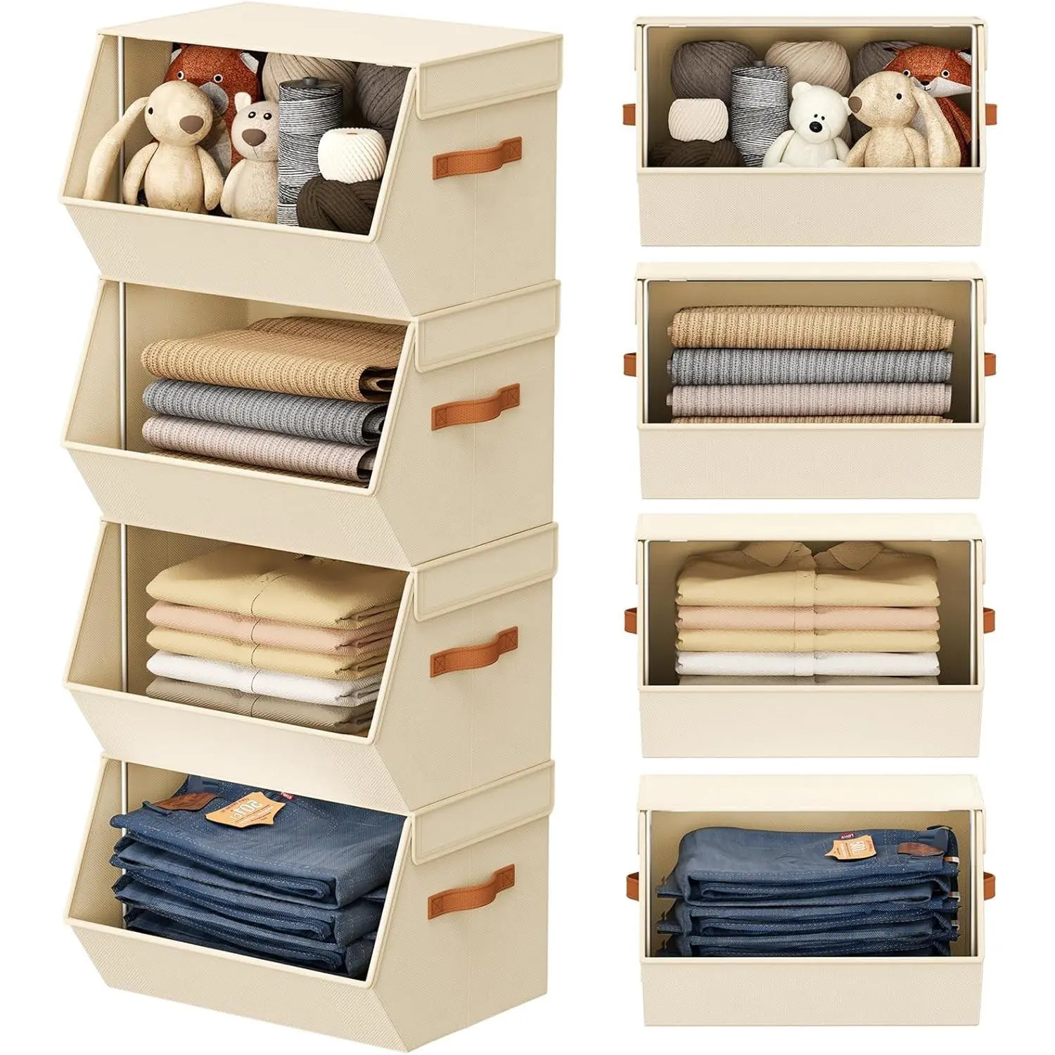 Stackable Closet Organizers and Storage Bins, Open Front Closet Shelf Organizer System With Steel Frame, Clothes Storage Basket Fabric, Collapsible Closet Drawers for Wardrobe, Nursery ,Toy, 4 Pack