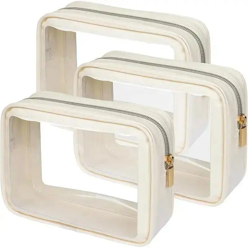 3 Pack Clear Color Trim Toiletry Bags, Beige Edged Spacious Waterproof Storage Pouches, Portable Organizer For Travel Car Console Daily Household Storage