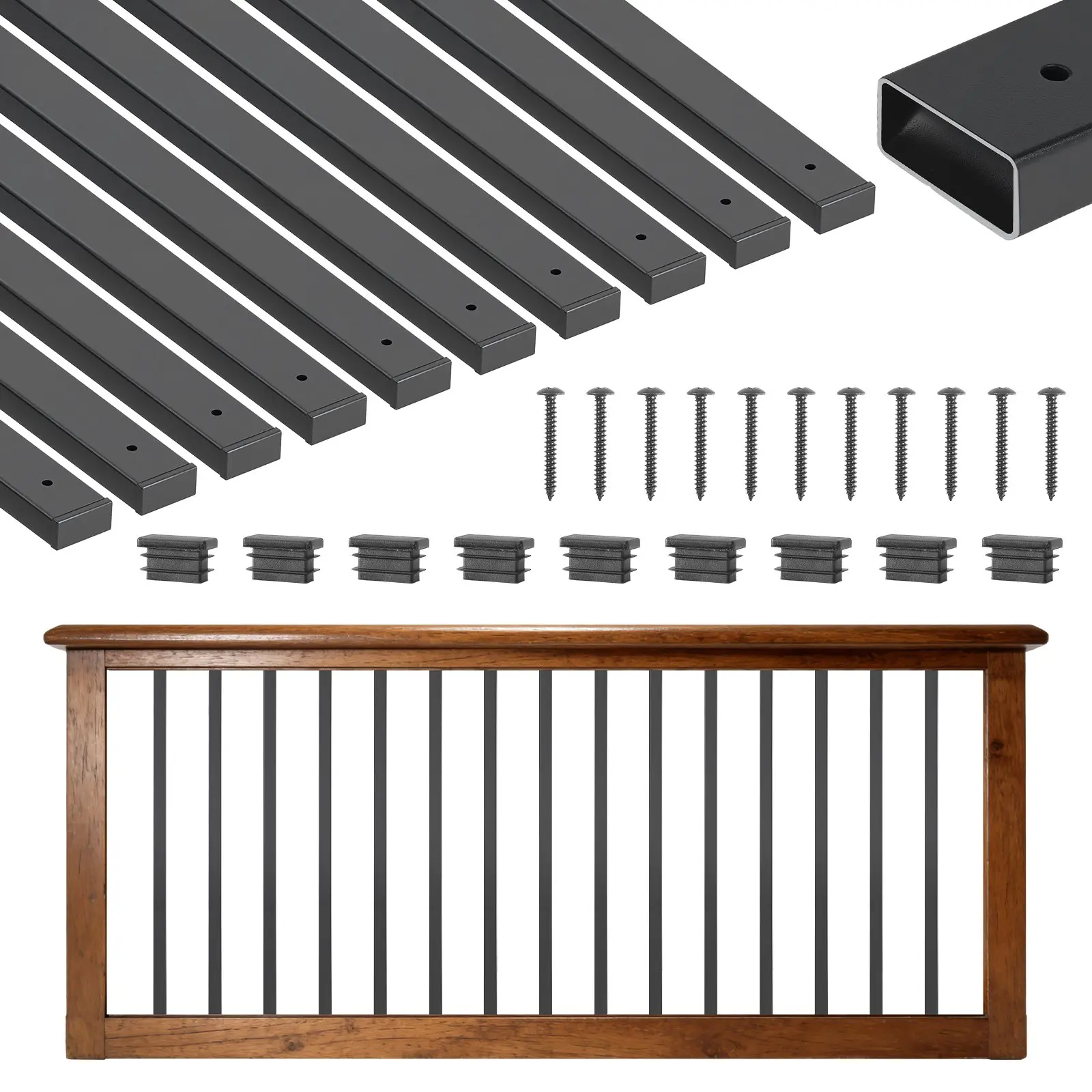 【DealsForYouDays】VEVOR 61 Pack Deck Balusters, 32.28 in Galvanized Steel Railing Spindles, Hollow Rectangle Metal Decking Stair Balusters with Pre-Drilled Hole, End Caps, Screws, for Deck, Porch Stair Railing, Black
