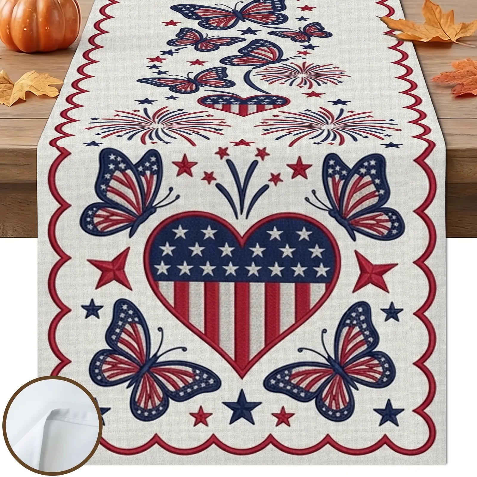 1pc American Flag Butterfly Stars Table Runner, Rustic Americana Style, Red White and Blue Decorative Border, for Dining Table Kitchen Decor Home Decor Labor Day Decor
