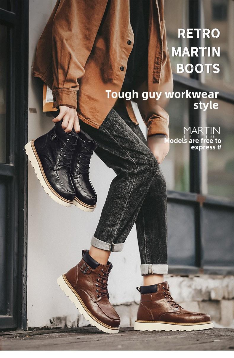 Men's Brown Classic Work Boots - Leather Upper with Belt Buckle Brown Lace-Up Ankle-High Design Non-Slip Rubber Sole for Hiking & Daily Casual Steel Toe Footwear Boy Memory Foam-Like Comfort Cushioning Adjustable Straps for Comfort Fit Durable Waterproof