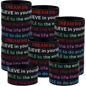 48 Pcs Motivational Quote Rubber Bracelets Bulk Inspirational Silicone Wristbands Stretch Bracelets for Adult End of Year Student Gifts Office Graduation Party Favor(Black)
