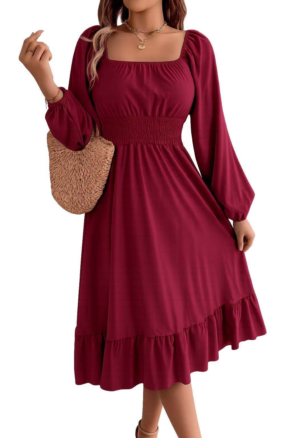 2026 Spring and Summer Leisure Solid Color Square Collar Long Sleeve Waist-Cinched A-Line Skirt