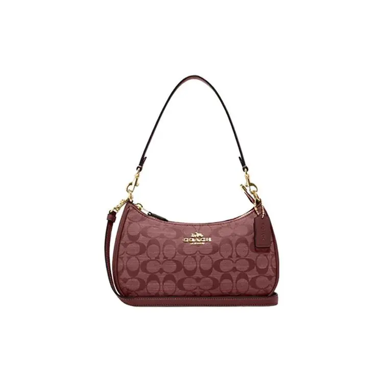 COACH Teri 25 Classic Monogram Jacquard Zip Top Crossbody Handbag for Women – Burgundy Fabric and Leather