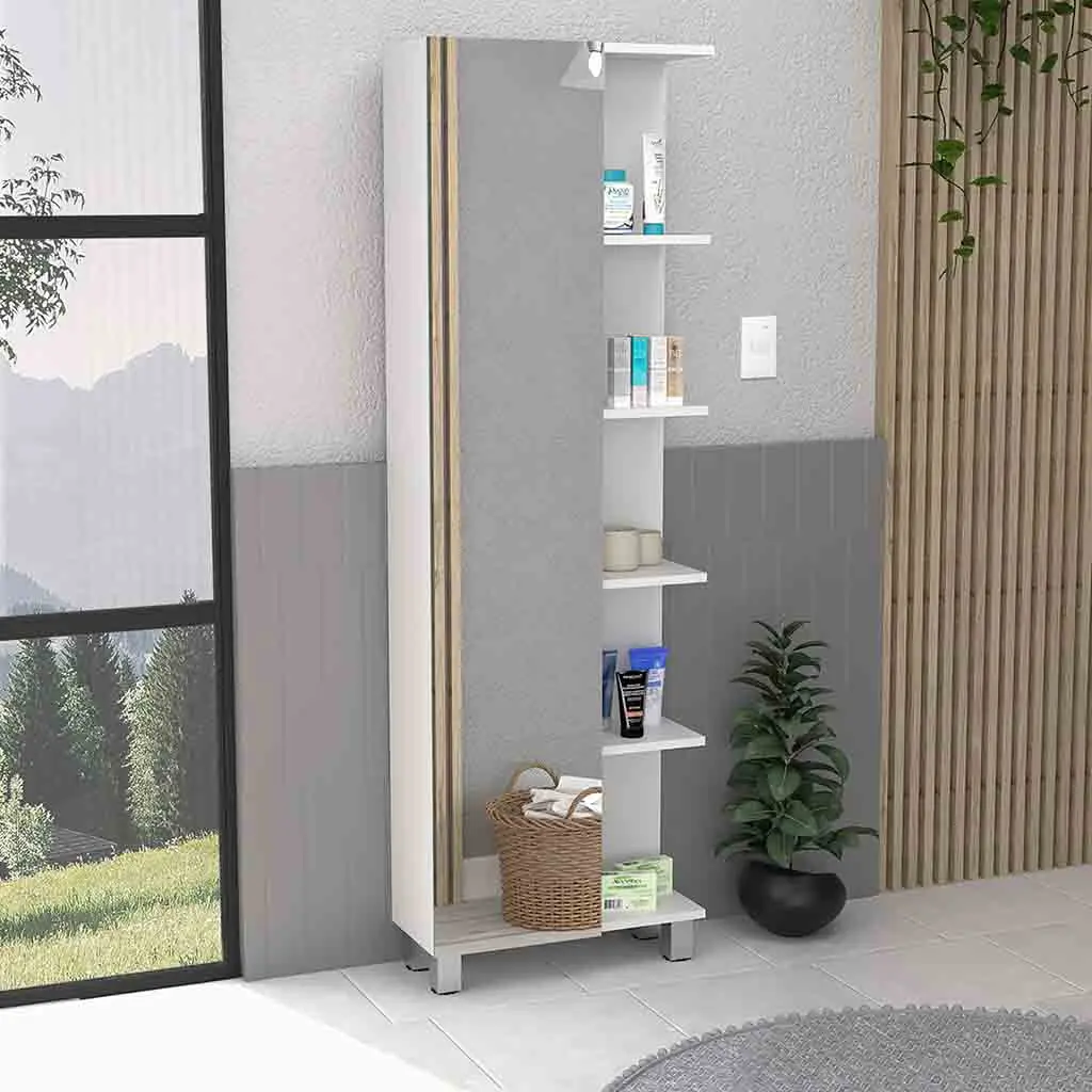 Nokaa Tall Single Door Cabinet 62" High with Mirrored Door, 5 External Open Shelves, 4 Interior Adjustable Shelves, White Particle Board Storage Cupboard for Bathroom, Living Room, Hallway, Entryway, Single Box Product