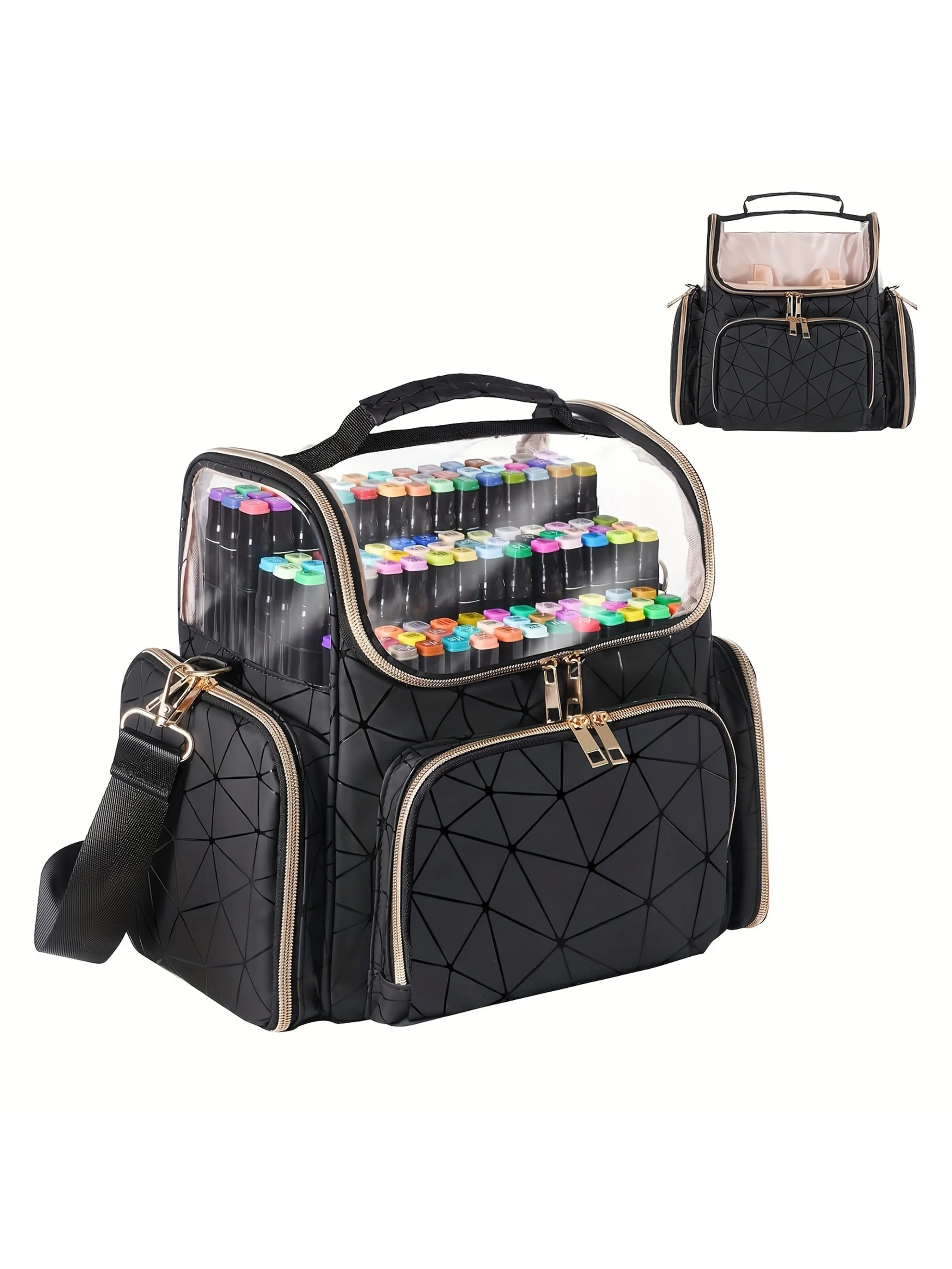 Large Marker Organizer Case Storage Bag for 180 Marker Pens, Sloped Dividers, Shoulder Strap, 4 Pockets, for Paint Markers, Paint Brushes, Colored Pencils, Art Supplies
