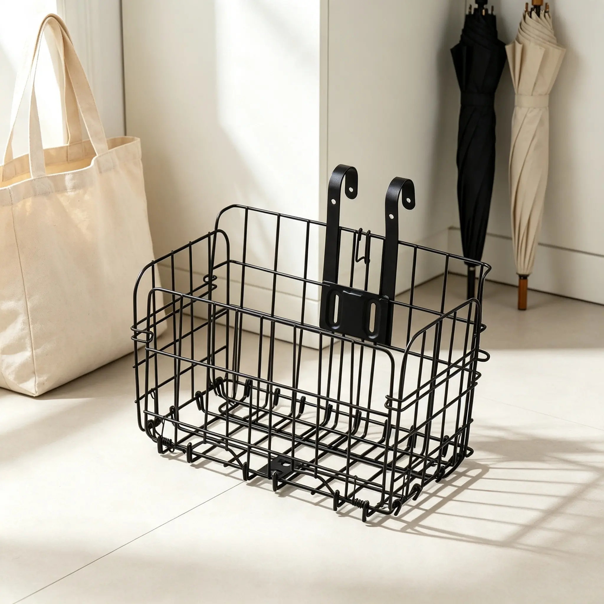 Hook-On Bicycle Front Basket, Foldable Iron Bike Basket, Quick-Install Bike Storage Rack, Cycling Gear Organizer, Durable & Lightweight Design