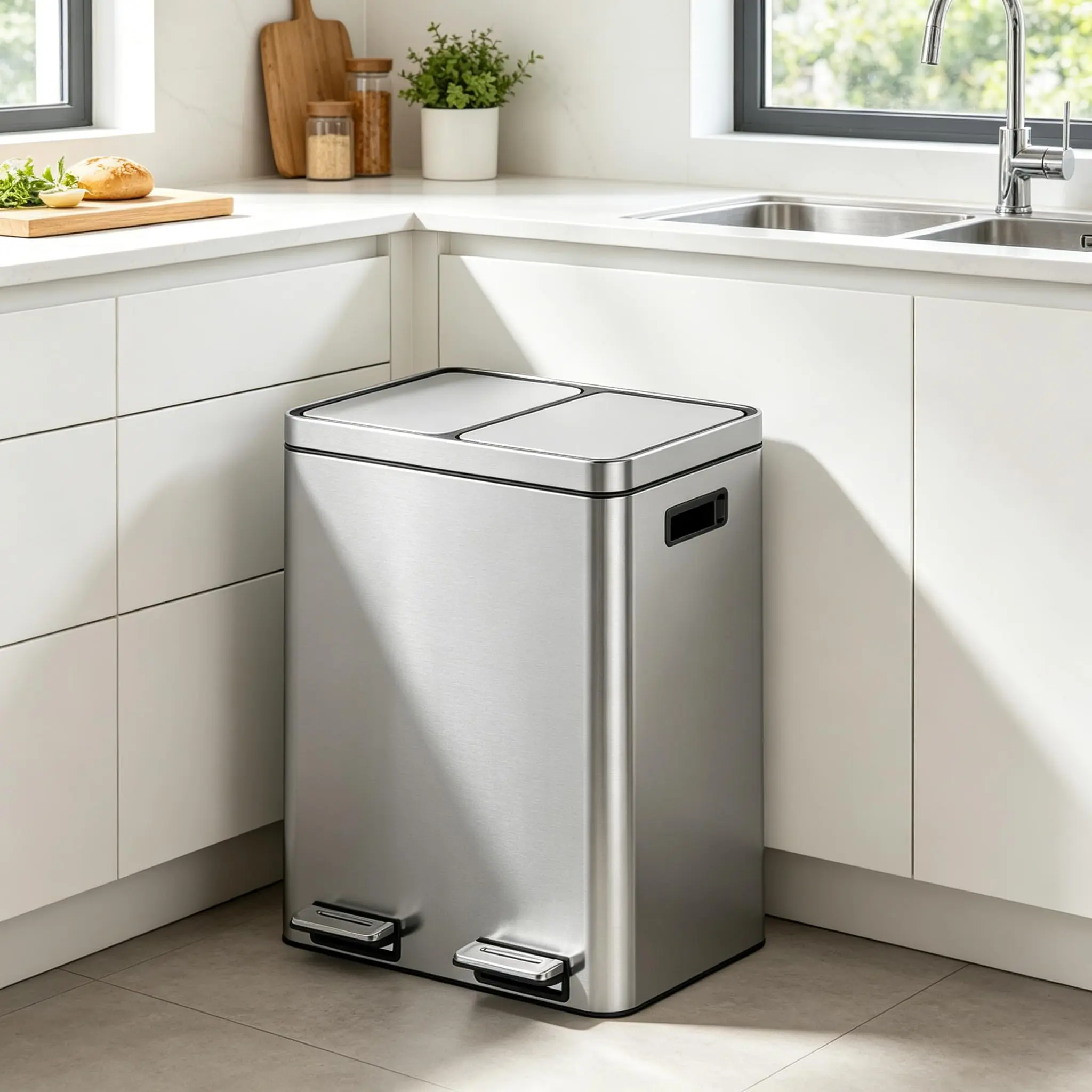 GARVEE 40L Large Cap Brushed Finish Stainless Steel Kitchen Bin - Dual Compartment, Soft-Close Lid, Removable Inner Bucket, Hands-Free Operation for Families/Commercial Indoor Efficient Waste Management, Indoor Use