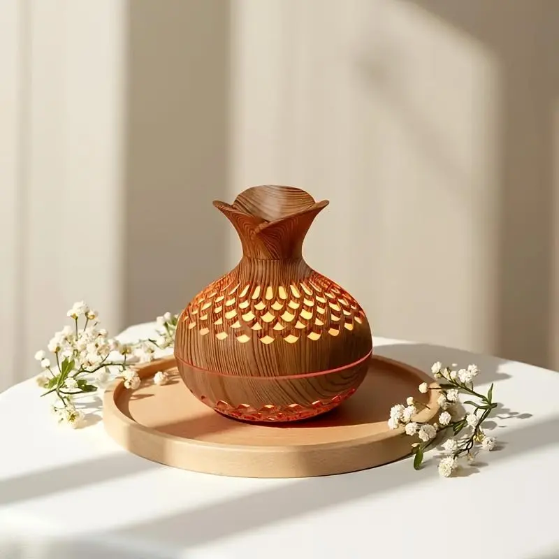 Elegant Scented Wooden Aromatherapy Diffuser - Vase Shape, Dark Wood Grain, Light Wood Grain Option, 7-Color Changing LED Ambient Light, 2 Mist Modes, USB Powered, Compact Space-Saving Home Humidifier, Office Decor, Valentine's Day Gift Idea
