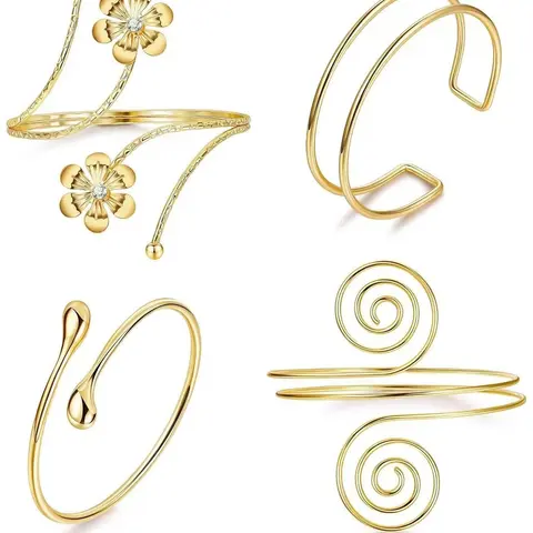 4pcs Upper Arm Cuff Bangle Set for Women, Open Adjustable Arm Bracelets Jewelry, Bangles Set, Minimalist Coil Arm Armband Set, Fashionable Accessory for Daily Wear
