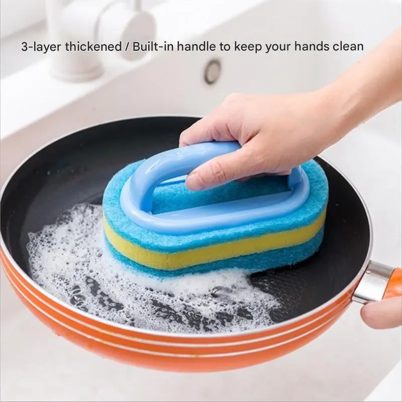 Three-Layer Thick Household Cleaning Sponge with Ergonomic Handle, Multi-Functional Kitchen Pot Brush, Bathroom Tile Bath Brush, Scratch-Free Home Cleaner, Scrubber Sponges, Sponges For Cleaning