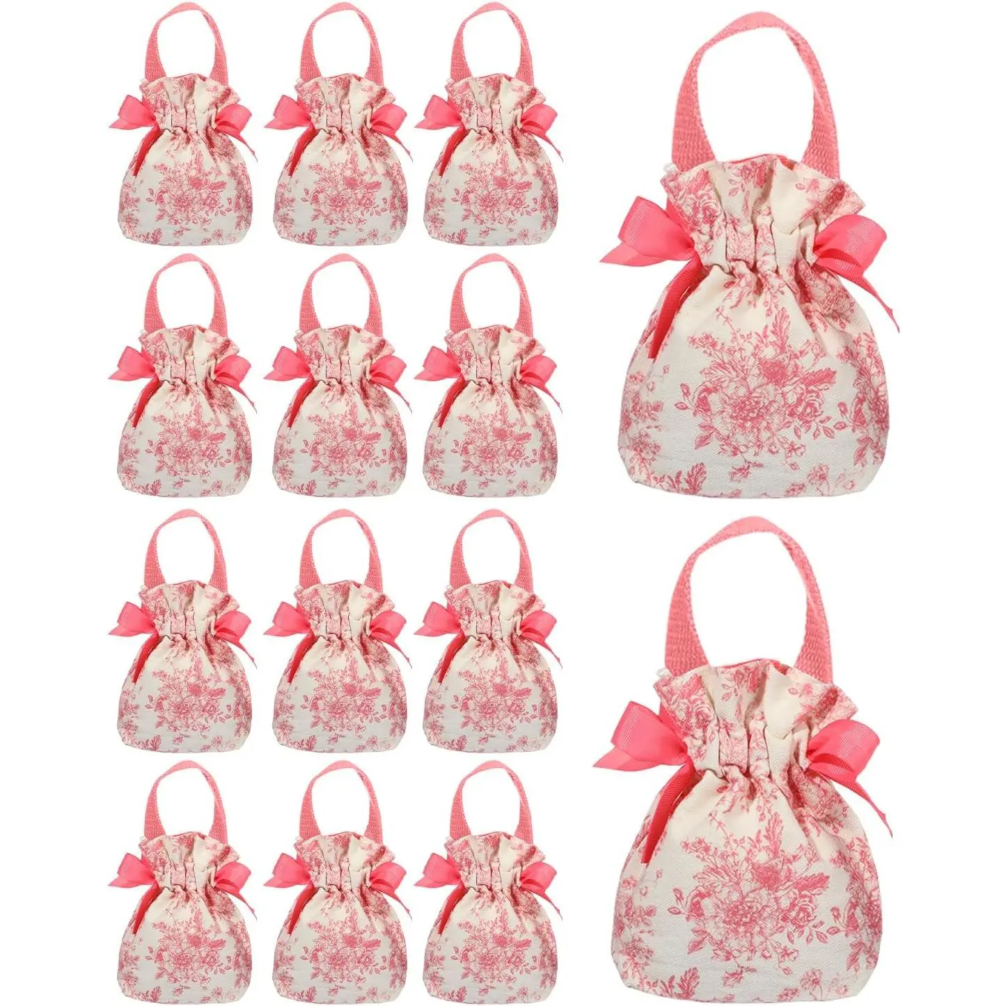 12 count Floral Small  Bags With Handle Canvas Candy Bag   Bags With Drawstring  Goodie Bags for Christmas Birthday Wedding  Shower ()