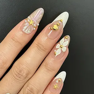 Summer Press on Nails Medium Almond, White French Tip Fake Nails with Shell Starfish Accents Design, Reusable Glue on Nails for Women Manicure, Glossy Finish ,date night nails- 24 Pcs