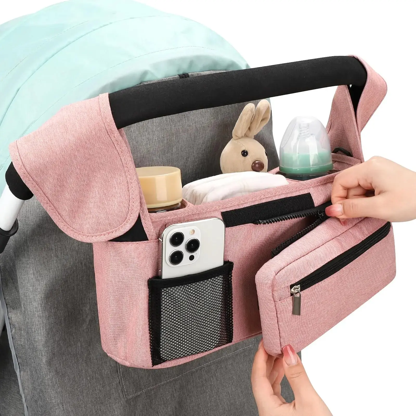 Stroller Caddy with Cup Holder - Stroller Organizer Bag for Baby Travel Gear, Baby Bottle Organizer & Baby Diaper Caddy Detachable Wristlet, Premium Canvas