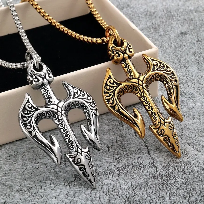 Men's Retro Poseidon Trident Pendant Necklace - Stainless Steel Gold Tone, Hazard-Free, Retro Look, Hip Hop Streetwear Fashion Jewelry Gift