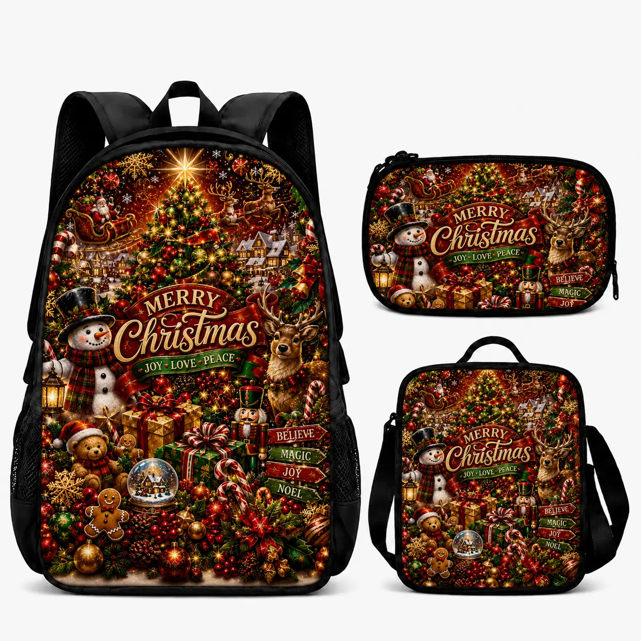 Polyester Safe Synthetic 3-Piece Elementary School Backpack Set - Crossbody/Shoulder Bag, Lunch Bag, Pencil Case, Adjustable Straps, Top Handle, Side Pockets, Christmas Winter Design for School, Travel