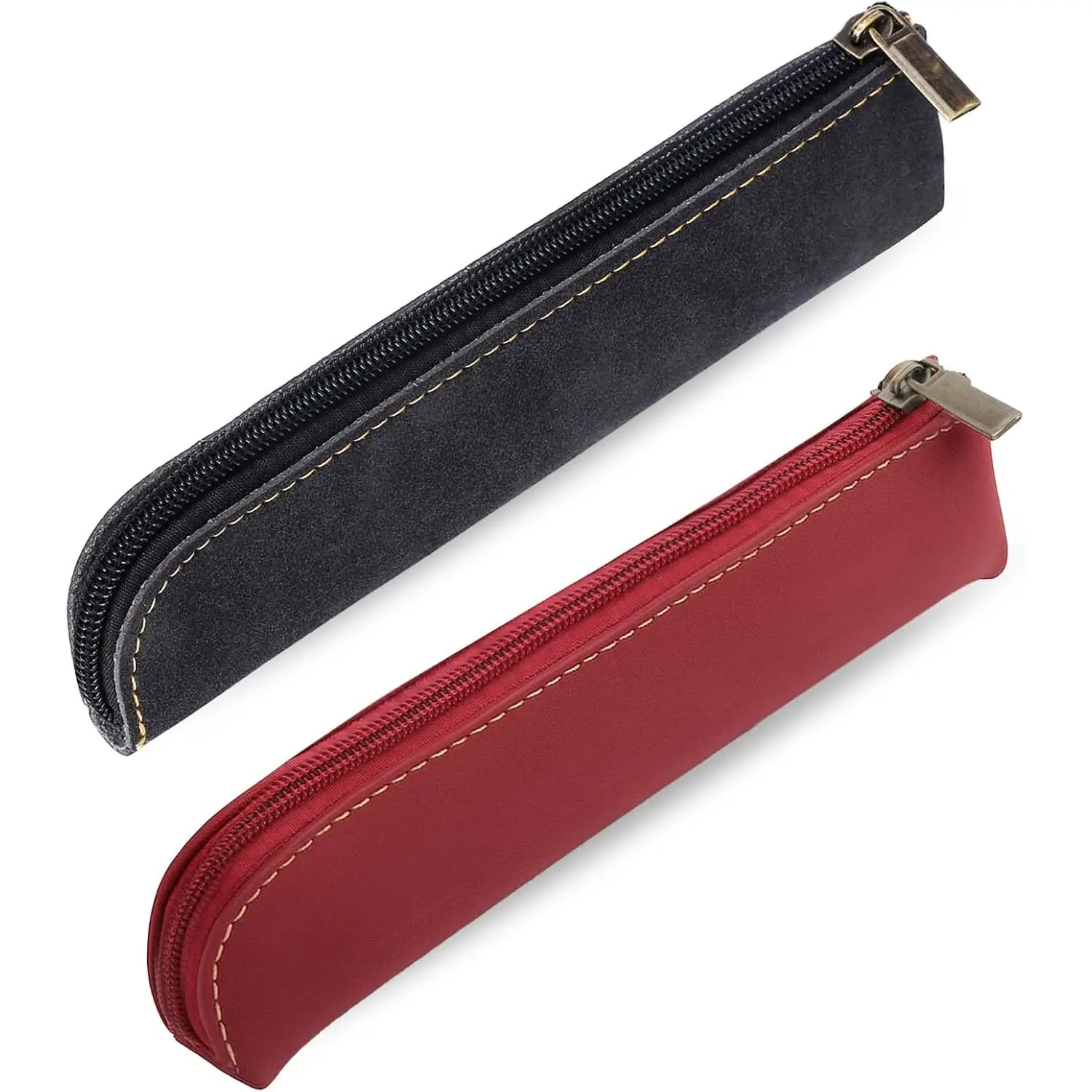 Leather Pencil Case, 2 count Slim Small Pencil Pouch Portable Flat Pen Pouch | Simple Makeup Bag Lipstick Case with Zipper for Women Men , Office, Travel Outdoor (Black, Claret)