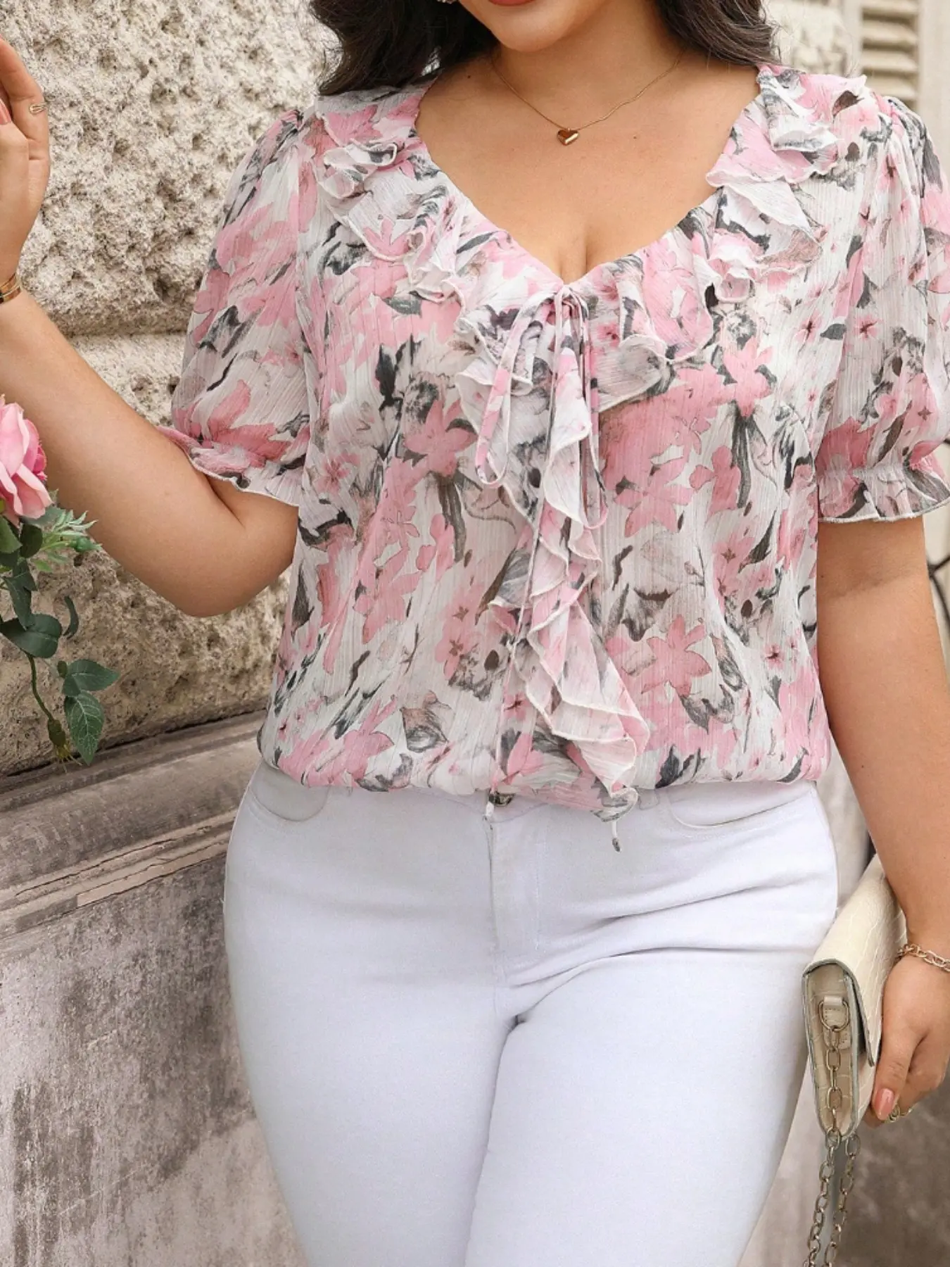 Plus Size Fashion Print Chiffon V Neck Ruffle Top, Stylish and Comfortable Upper Garment, Perfect for Daily Wear and Special Occasions