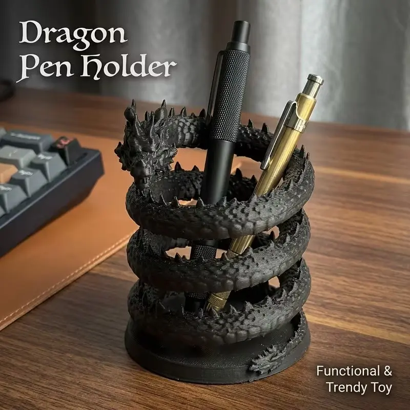 Creative 3D Printed Dragon Figurine, Gaming Streamer Desk Organizer, Spiral Dragon Brush Holder, Realistic Scale Craft, Bookshelf Decor