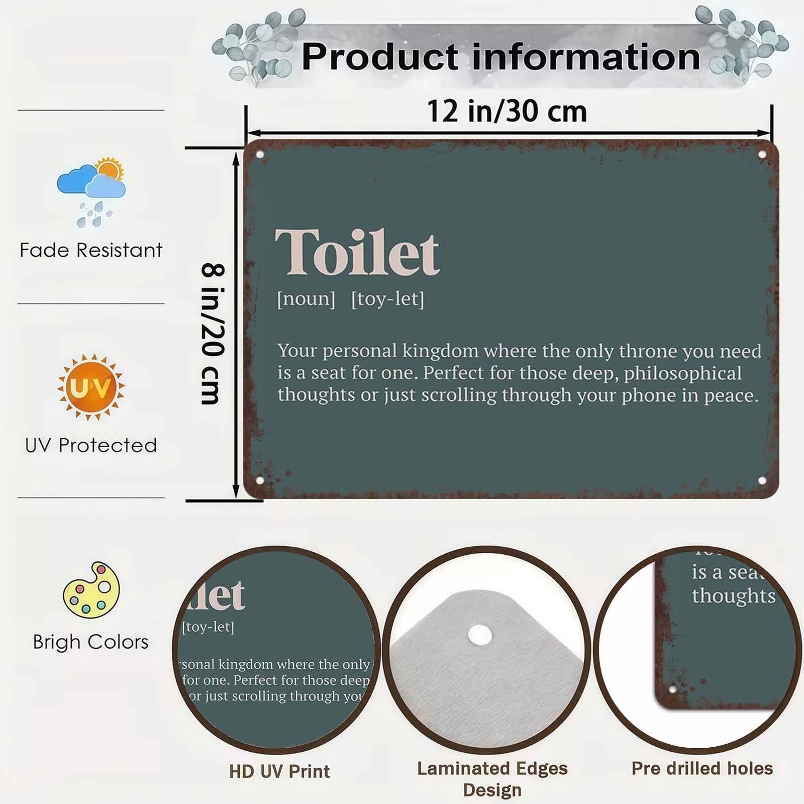 8x12 Inch Aluminum Metal Sign - "Toilet Definition: Your Personal Kingdom" |   Whimsical Bathroom Wall Art, Ideal for Home, Apartment, Dorm, and Cozy Restrooms |   Vintage Tin Plaque, Great Gift for Book Lovers & Phone Enthusiasts