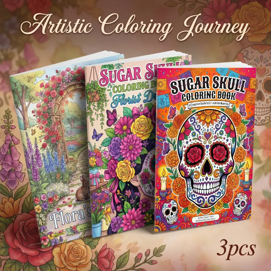 3pcs Adult Coloring Book, Coloring Books Set - Sugar Skull Women & Flora Themes, Double-Sided Printing, Beginner-Friendly, Intricate Designs on Thick Paper, Saddle Stitch Binding, Relaxation & Stress Relief, Perfect Gift for Birthdays & Holidays