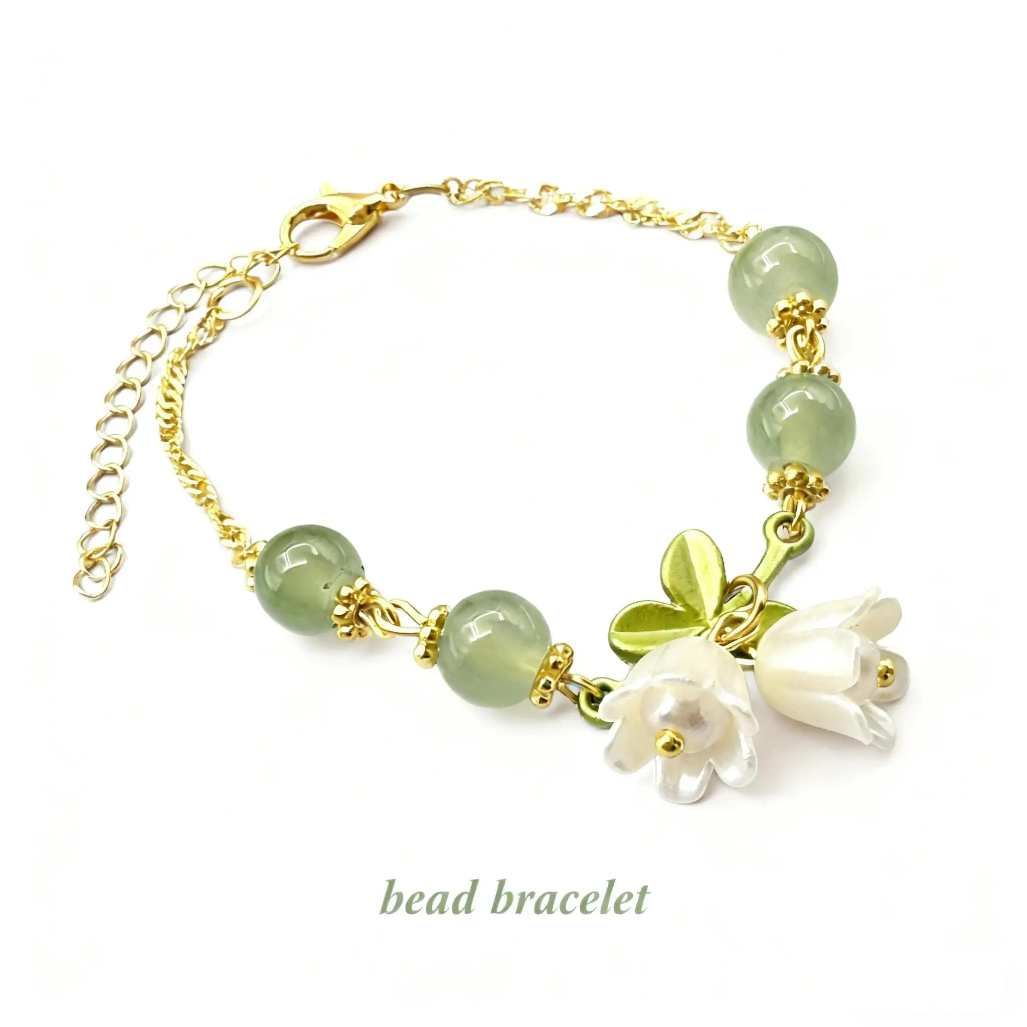 Lily of the Valley Bracelet for Women, Adjustable Green Beaded Chain with Gold Tone Floral Charms for Spring, Summer, Daily Wear and Casual Outfits**