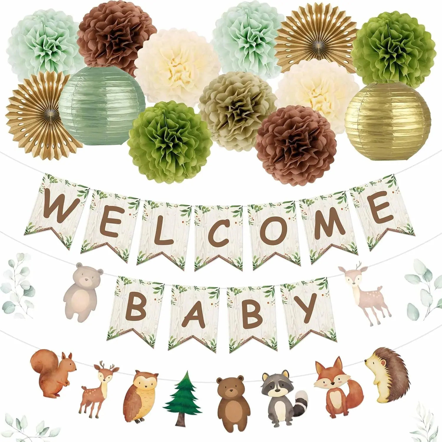 Woodland Baby Shower Decorations 15 Pcs Party Set With Welcome Baby Banners, Paper Lanterns and Pom Poms, Perfect for Indoor Outdoor Baby Shower Events