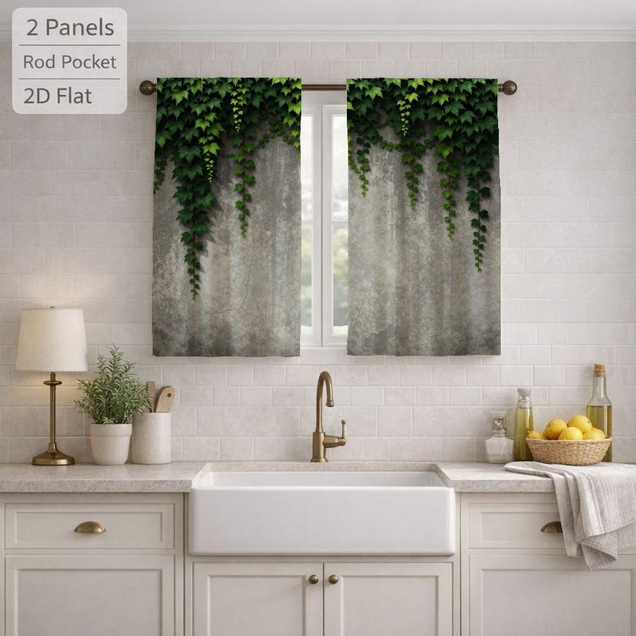 2Pcs Rustic Green Vine Leaf Concrete Wall Pattern Sun Blocking Curtains Digital Printed Rod Pocket, Window Treatment For Bedroom Office Kitchen Living Room Study Home Decor