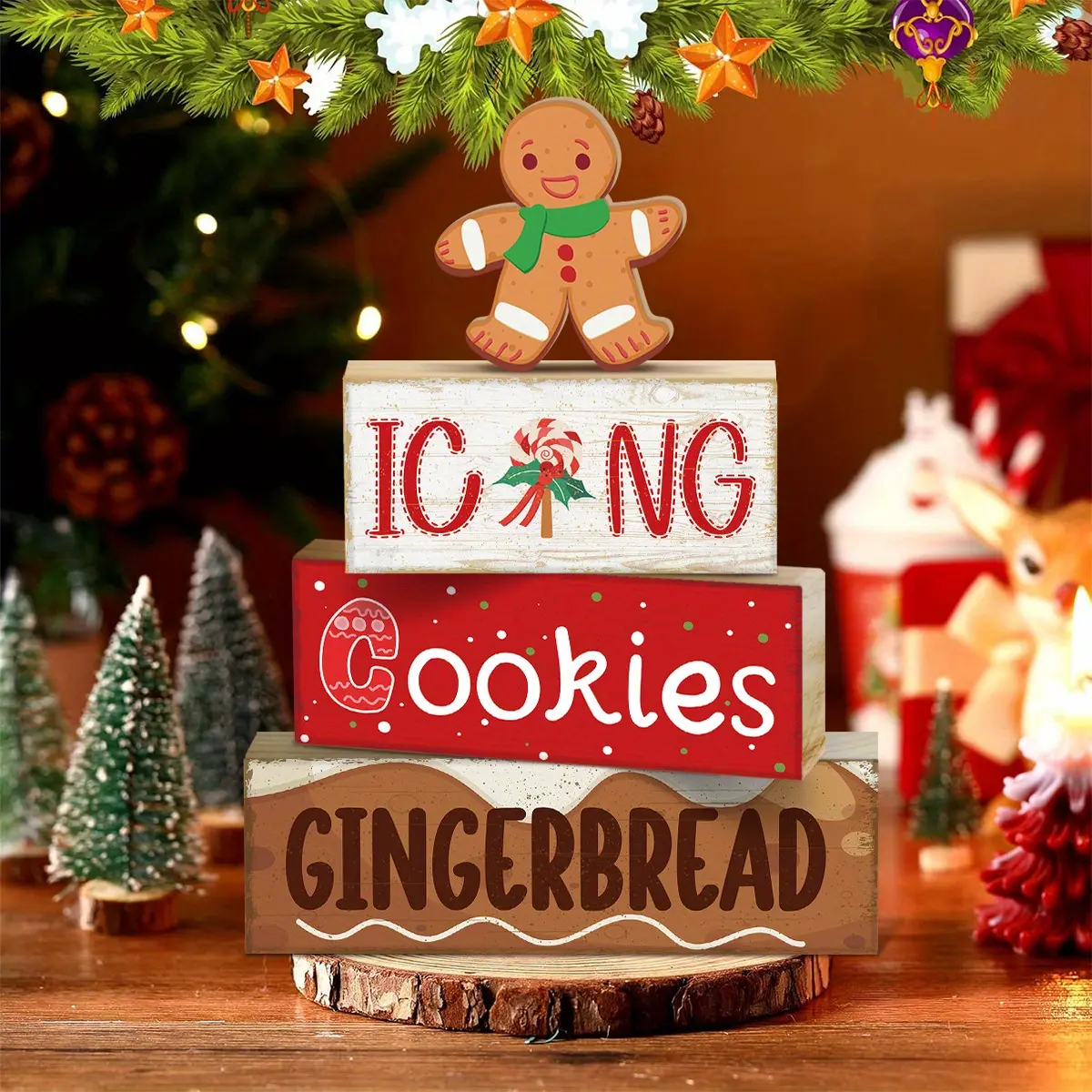 4pcs Wooden Christmas Decorative Plaques & Ornaments, Gingerbread Man Tiered Tray Decor, Christmas Centerpiece, Gingerbread Man Block Signs Gift, are suitable for gifting during Christmas, winter, and Advent.