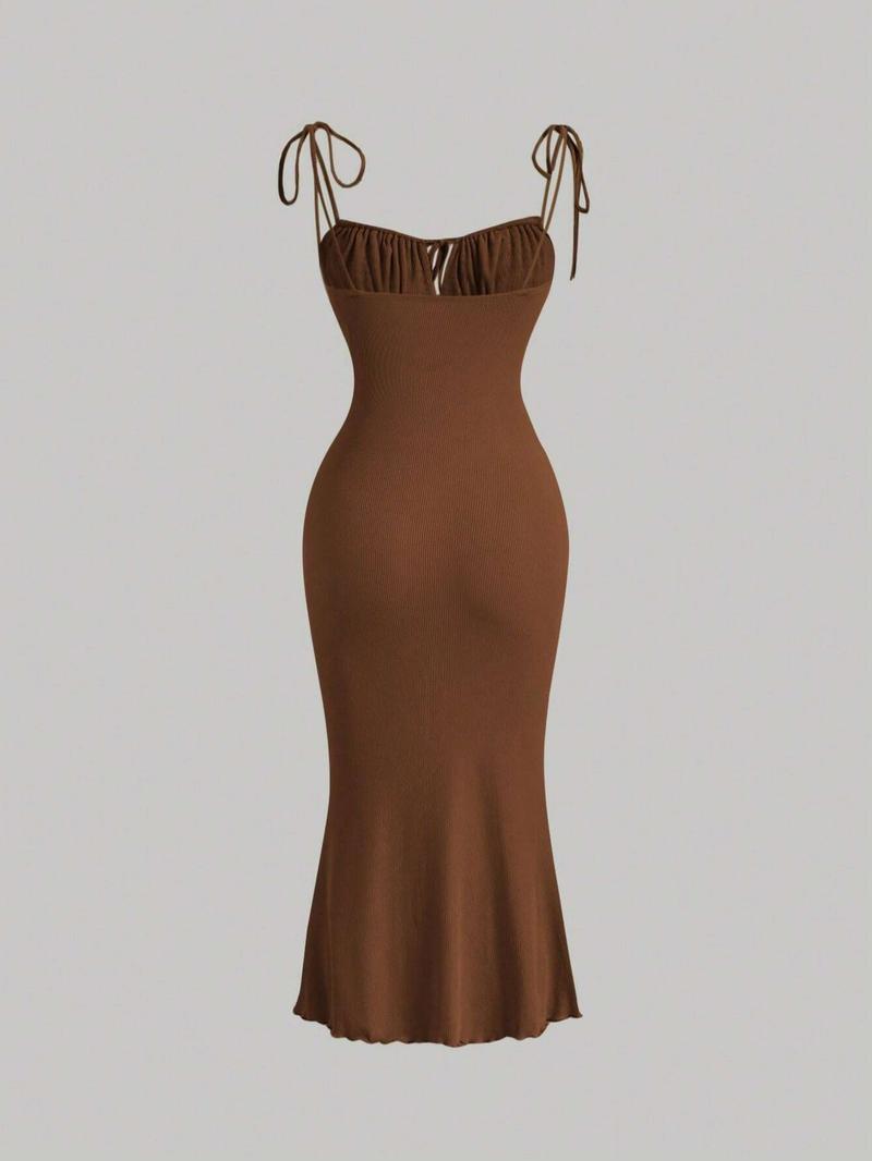 Women's Plain Ruched Lettuce Trim Tie Front Cami Dress, Casual Sleeveless Spaghetti Strap Tie Shoulder Long Bodycon Dress for Summer, Ladies Clothes for Beach Holiday